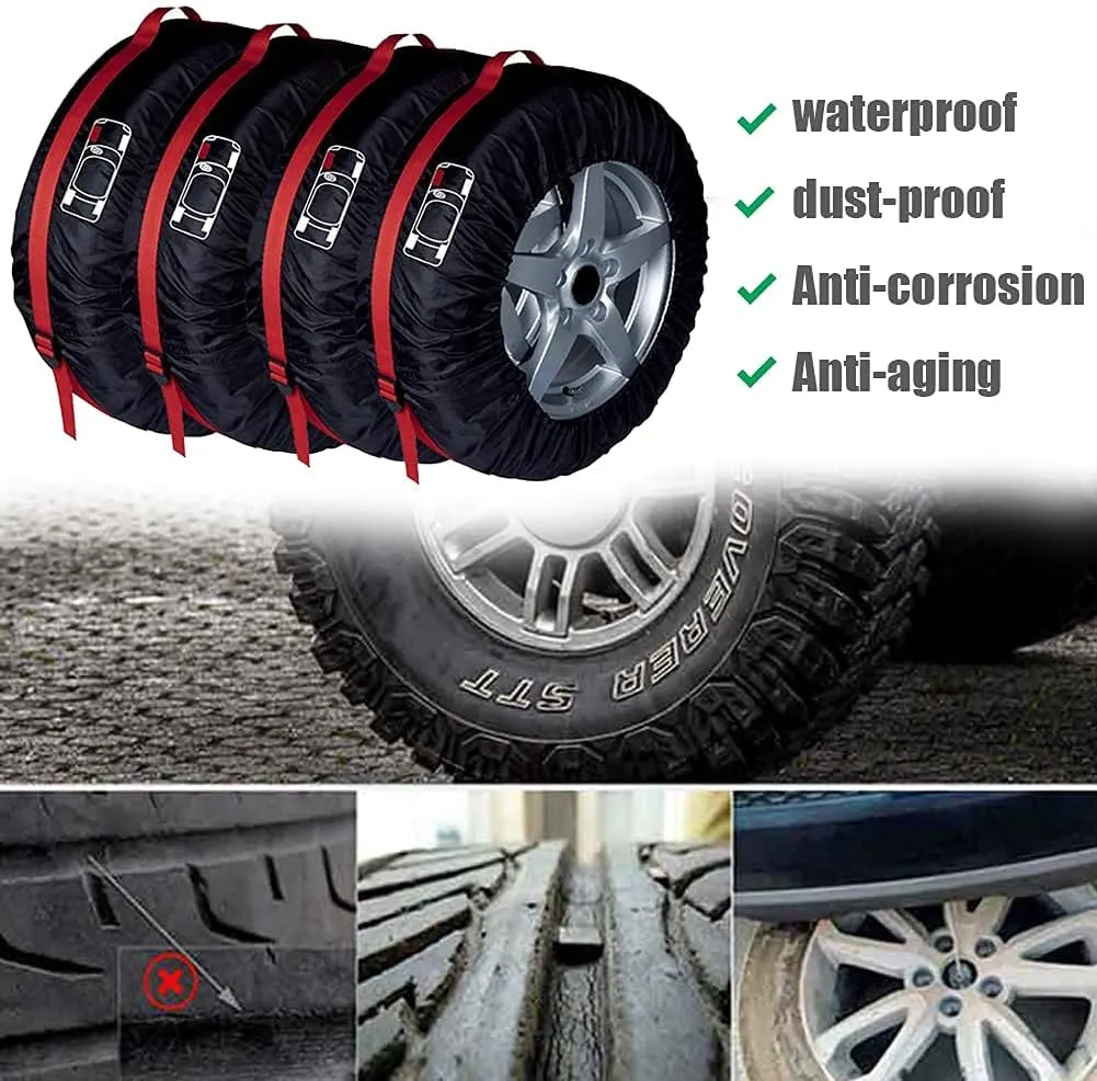Set of 4 Spare Tire Cover Tote Upgraded 420D Version Portable Dustproof Wheel Storage Bag with Handle Easy Transportation for Trailer Truck Camper Auto Universal Fit 17in-30in (Red, L)