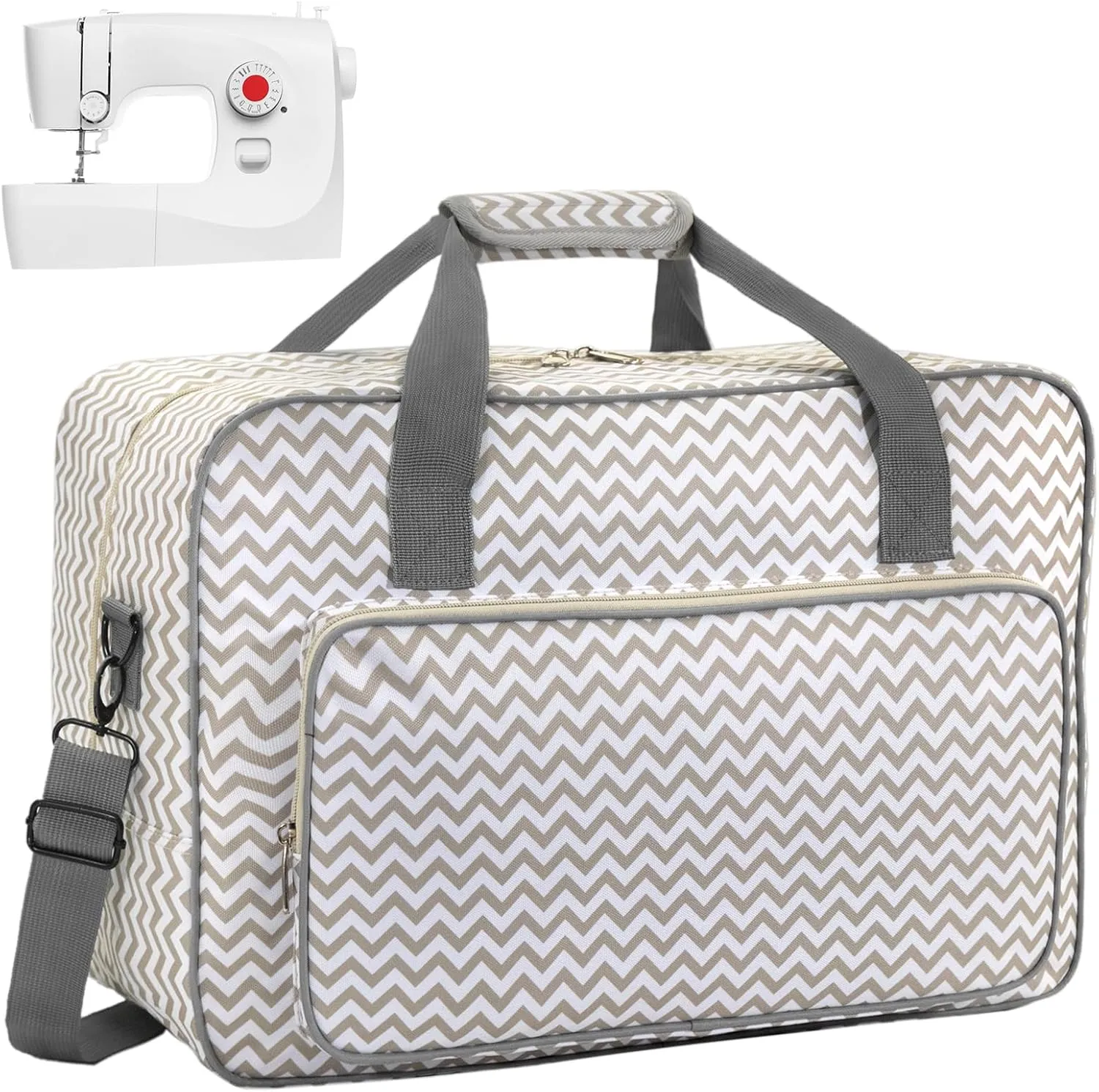 Sewing Machine Carrying Case - Multi-Pocket Storage Bag with Adjustable Shoulder Strap, Fits Most 15-18 Inch Machines, Water-Resistant Oxford Fabric (White stripe)