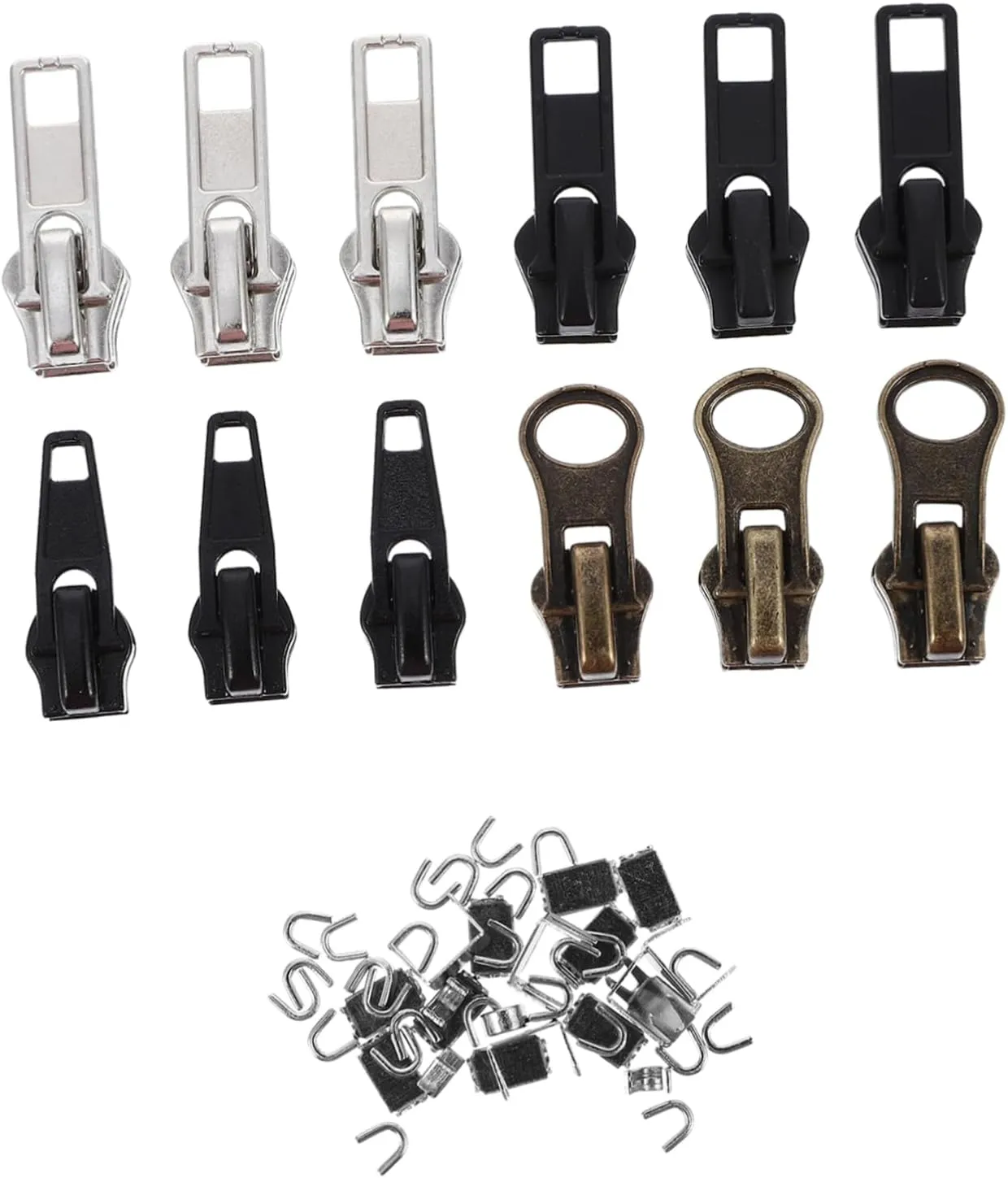 SEWOART 3sets Zipper Pull Replacement for Luggage Clothing Metal Bag Zipper Heads 57pcs*3