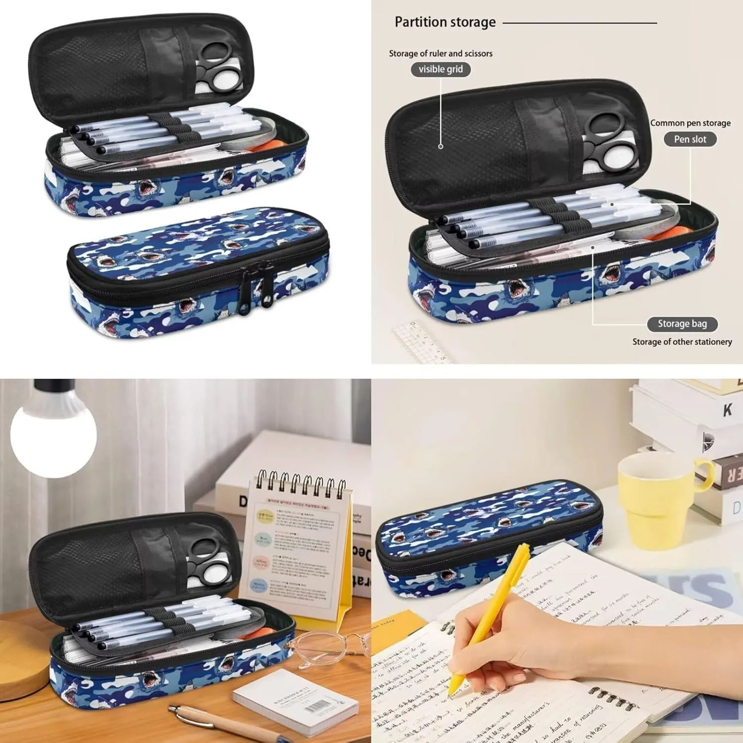 Shark School Bookbag with Lunch Bag Handbag Pencil Case 3 Pieces Set Lightweight Preschool Elementary Shoulder Backpack Shoulder Bag Organizer Daypack Rucksack for Teen Blue