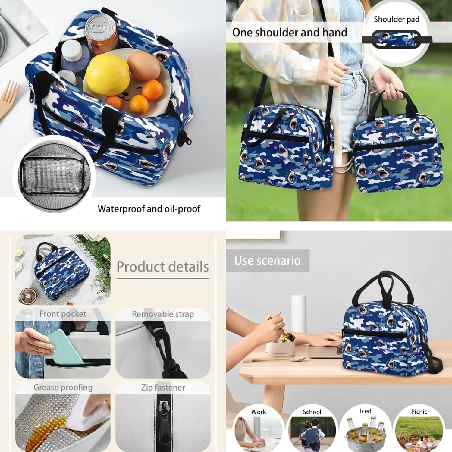 Shark School Bookbag with Lunch Bag Handbag Pencil Case 3 Pieces Set Lightweight Preschool Elementary Shoulder Backpack Shoulder Bag Organizer Daypack Rucksack for Teen Blue