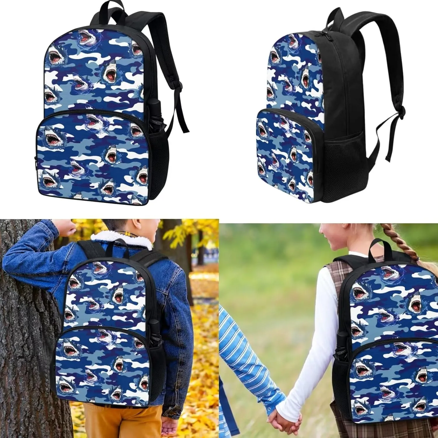 Shark School Bookbag with Lunch Bag Handbag Pencil Case 3 Pieces Set Lightweight Preschool Elementary Shoulder Backpack Shoulder Bag Organizer Daypack Rucksack for Teen Blue
