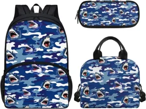 Shark School Bookbag with Lunch Bag Handbag Pencil Case 3 Pieces Set Lightweight Preschool Elementary Shoulder Backpack Shoulder Bag Organizer Daypack Rucksack for Teen Blue