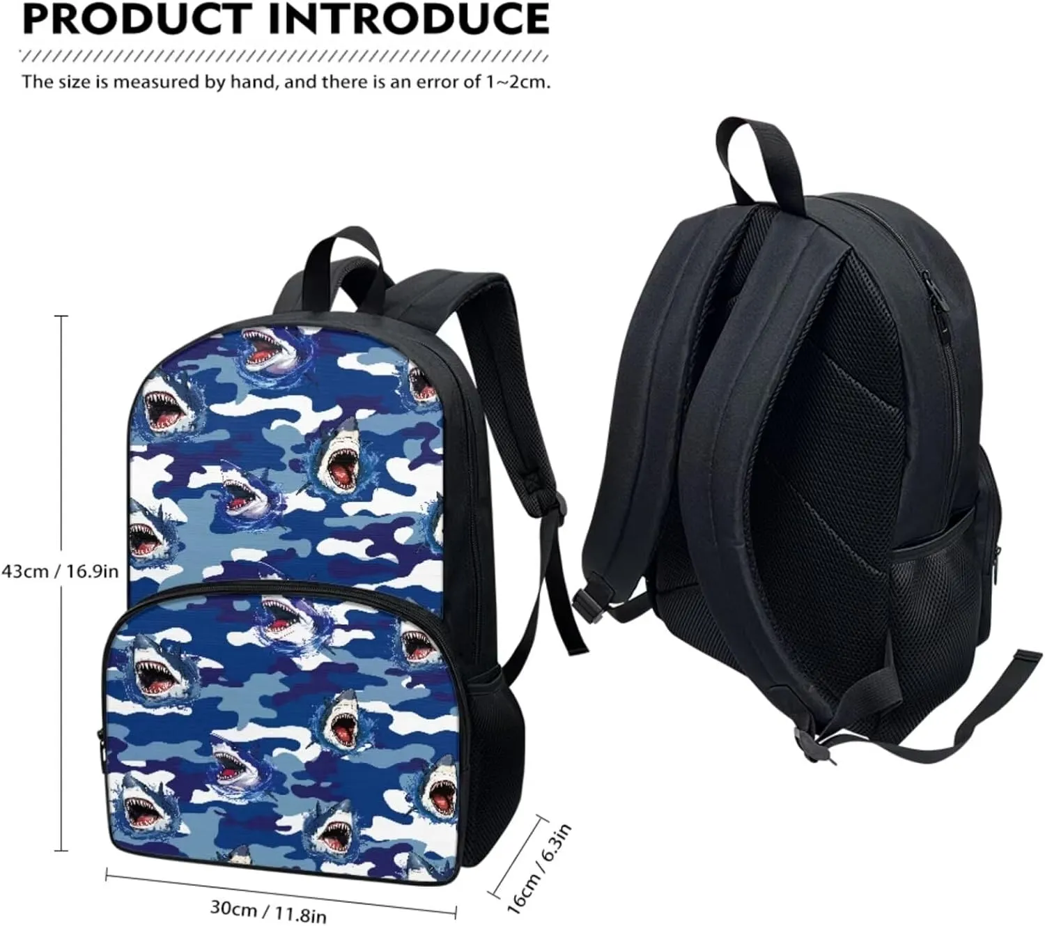 Shark School Bookbag with Lunch Bag Handbag Pencil Case 3 Pieces Set Lightweight Preschool Elementary Shoulder Backpack Shoulder Bag Organizer Daypack Rucksack for Teen Blue