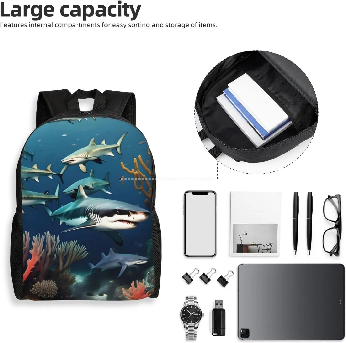 Sharks under the sea Printed Travel Laptop Backpack for Men Women, Funny Daily Use Computer Bag, Waterproof Casual Daypack