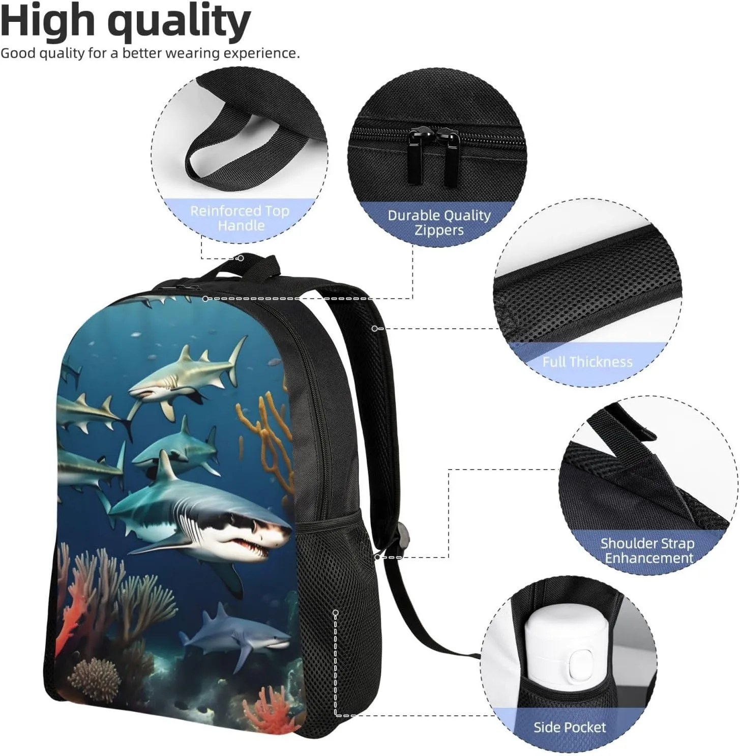 Sharks under the sea Printed Travel Laptop Backpack for Men Women, Funny Daily Use Computer Bag, Waterproof Casual Daypack