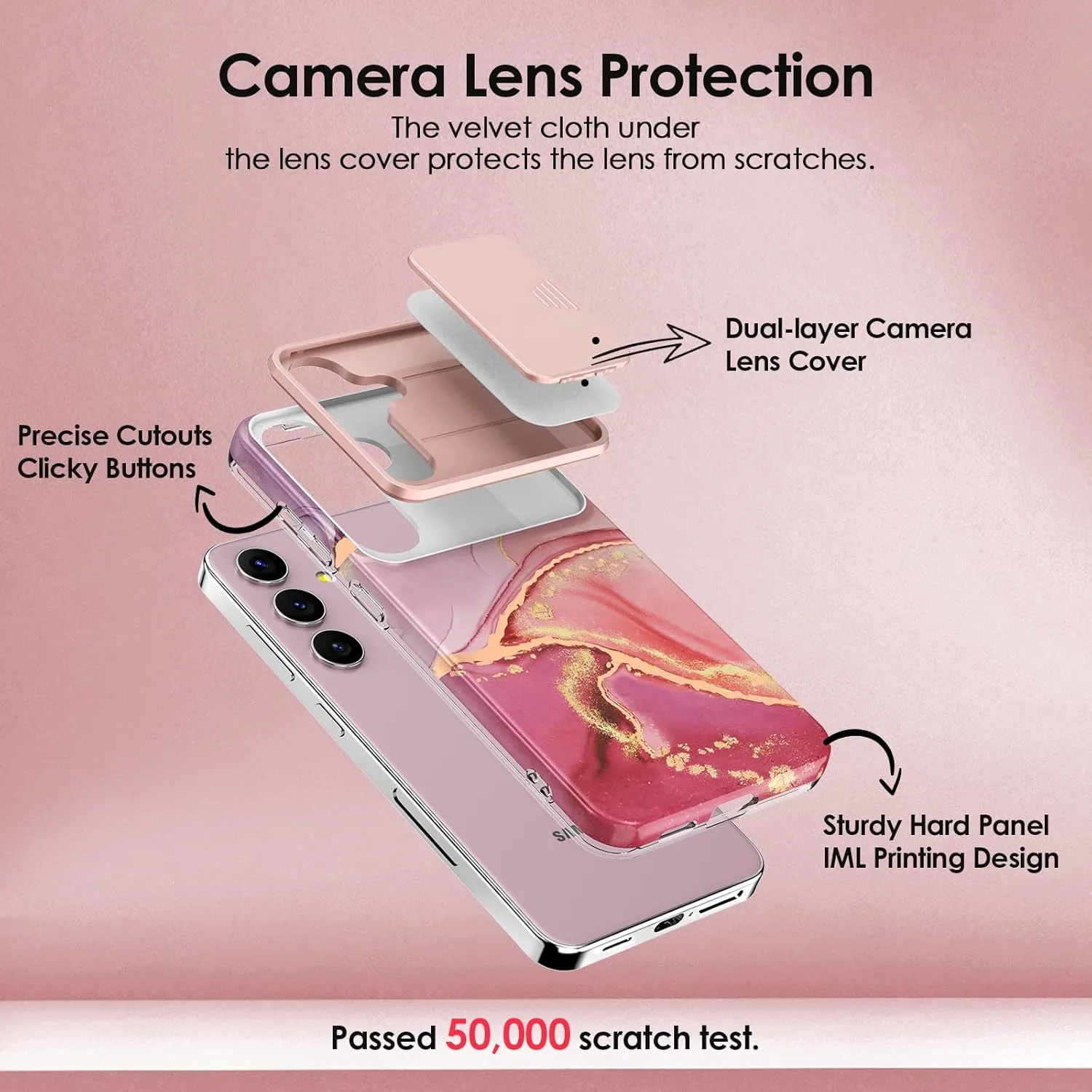SHEDEER for Samsung Galaxy S25 Case, with Slide Camera Cover & Screen Protector, Chic Pattern, Shockproof 360 Degree Protective Slim Thin Phone Case Cover for Galaxy S25, Pink