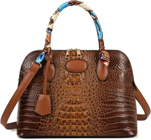 Shoulder Bag Women’s Vegan Leather Purse Crocodile-Embossed Pattern With Silk Scarf Top Handle Satchel Large Handbag