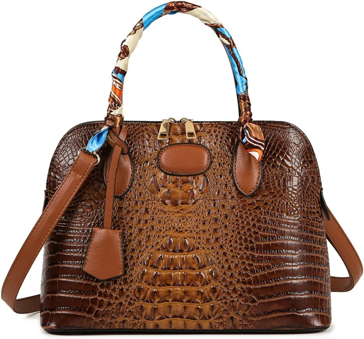 Shoulder Bag Women’s Vegan Leather Purse Crocodile-Embossed Pattern With Silk Scarf Top Handle Satchel Large Handbag