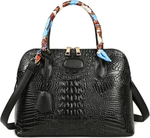 Shoulder Bag Women’s Vegan Leather Purse Crocodile-Embossed Pattern With Silk Scarf Top Handle Satchel Large Handbag