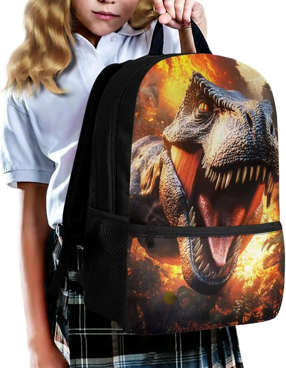 Showudesigns Dinosaur Backpack for Boys 8-12 Elementary School Book Bag Flame School Bags Middle High Back Packs with Shoulder Straps 17inch Children Daypack Large Capacity Satchel