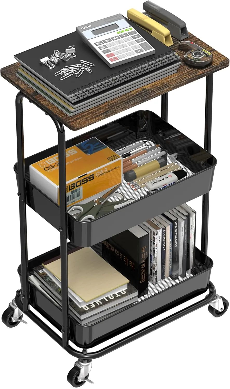 Simple Houseware 2-Tier Rolling Utility Cart with Top Board, Rustic Brown