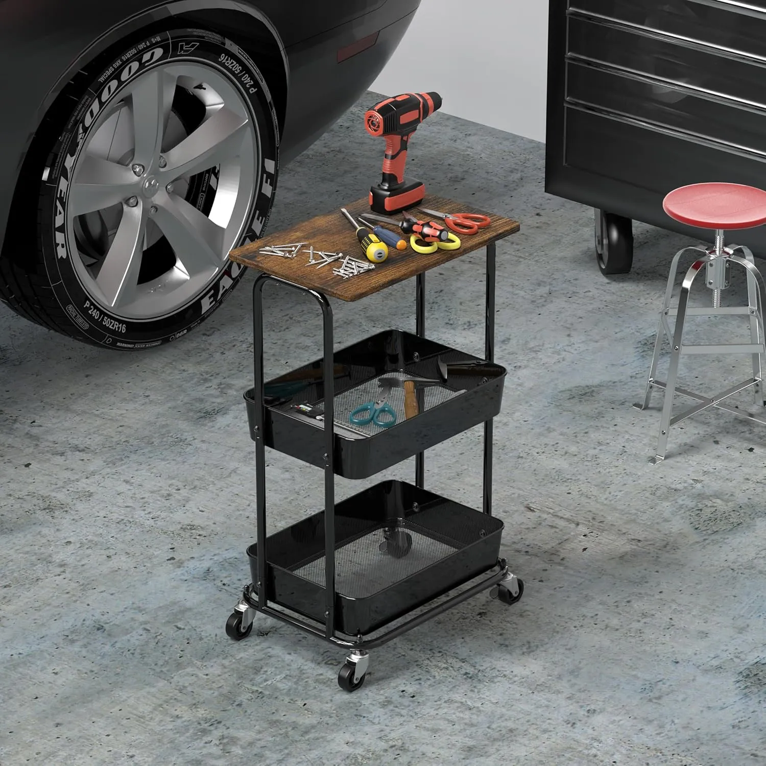 Simple Houseware 2-Tier Rolling Utility Cart with Top Board, Rustic Brown
