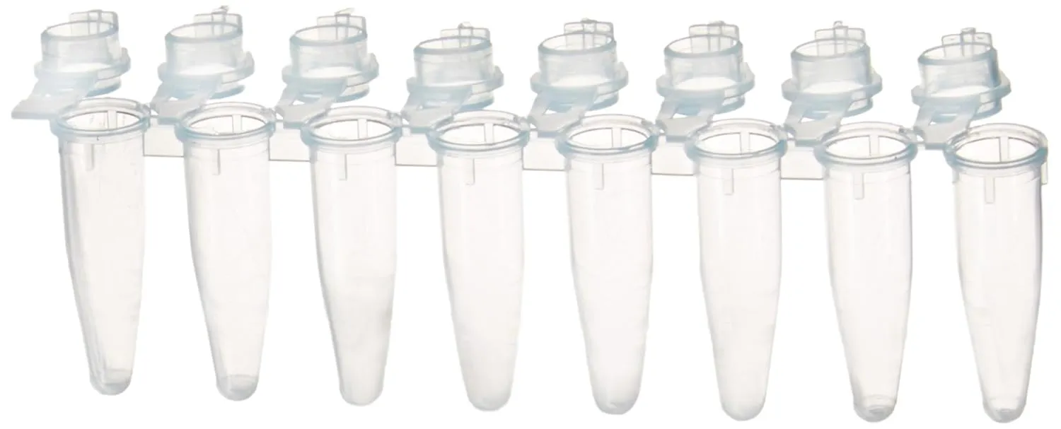 Simport Amplitube T320-2B Polypropylene PCR Reaction Tube Strip with Attached Flat Cap, 8 x 0.2ml, Blue (Pack of 125)