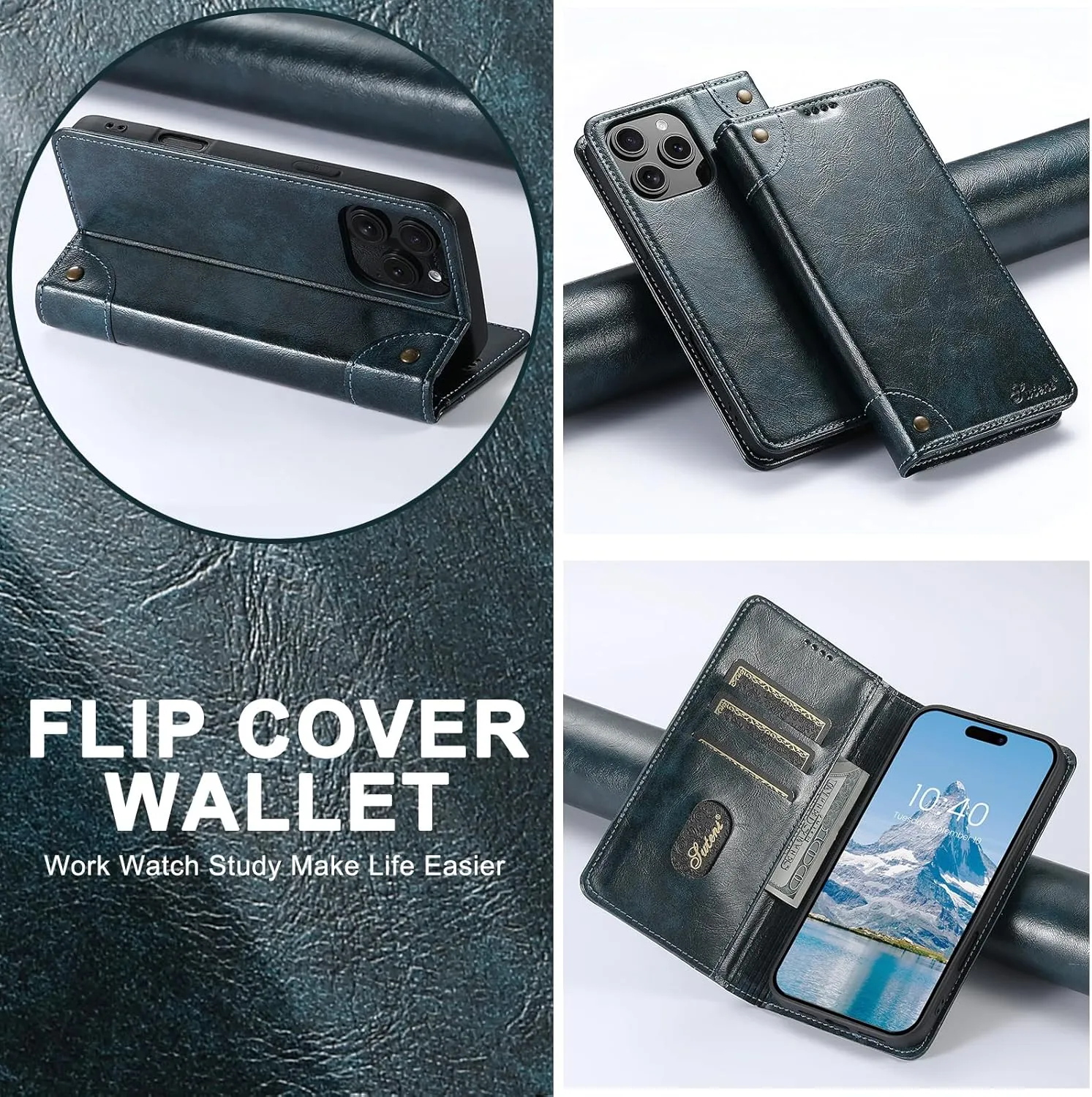SINIANL Compatible with iPhone 16 Pro Max Case Wallet with Magnetic Kickstand Credit Card Holder, Leather Folio Flip Cover Wallet Case for iPhone 16 Pro Max Blue