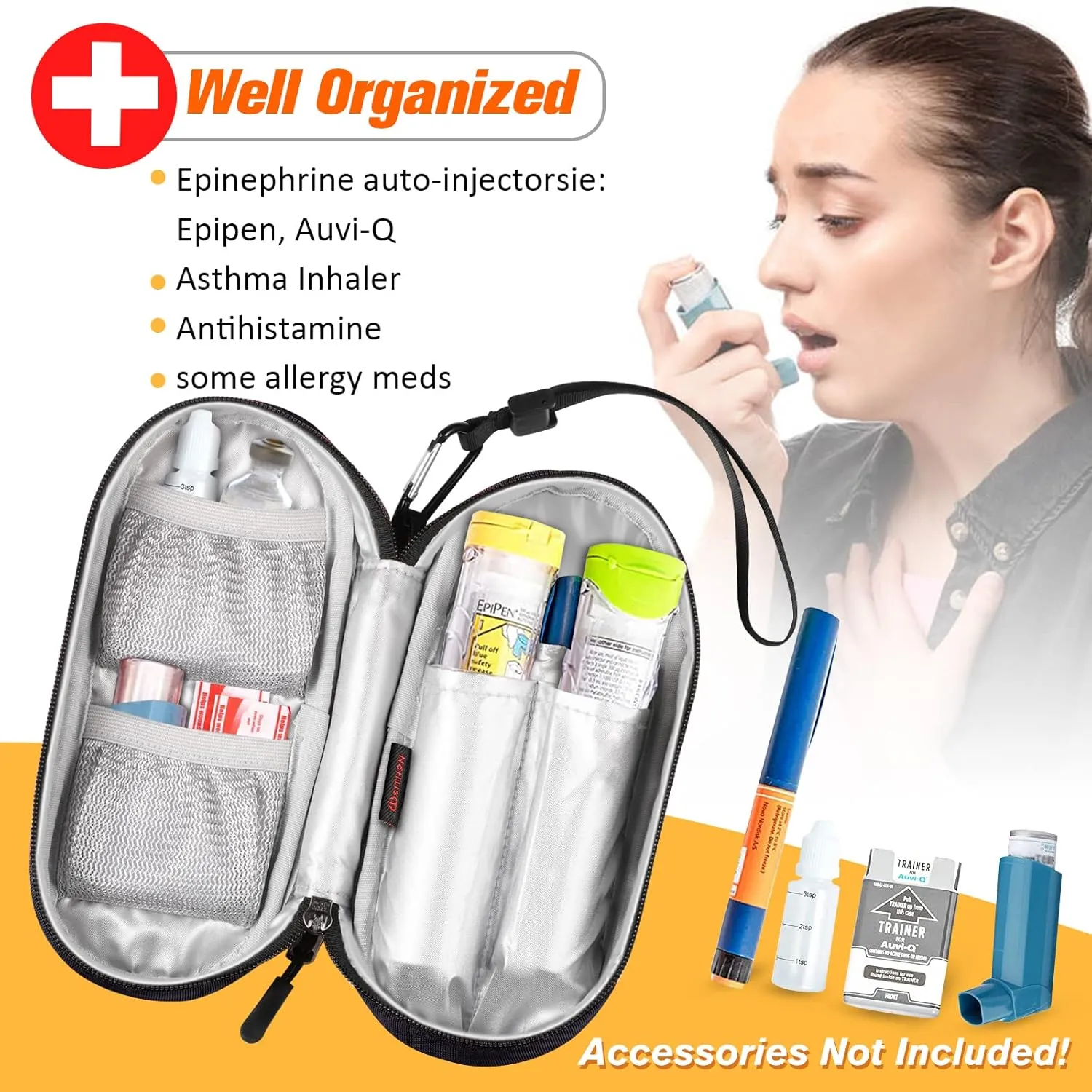 SITHON EpiPen Medical Carrying Case Insulated, Travel Medication Organizer Bag Emergency Medical Pouch Holds 2 EpiPens, Asthma Inhaler, Anti-Histamine, Auvi-Q, Allergy Medicine Essentials, Black