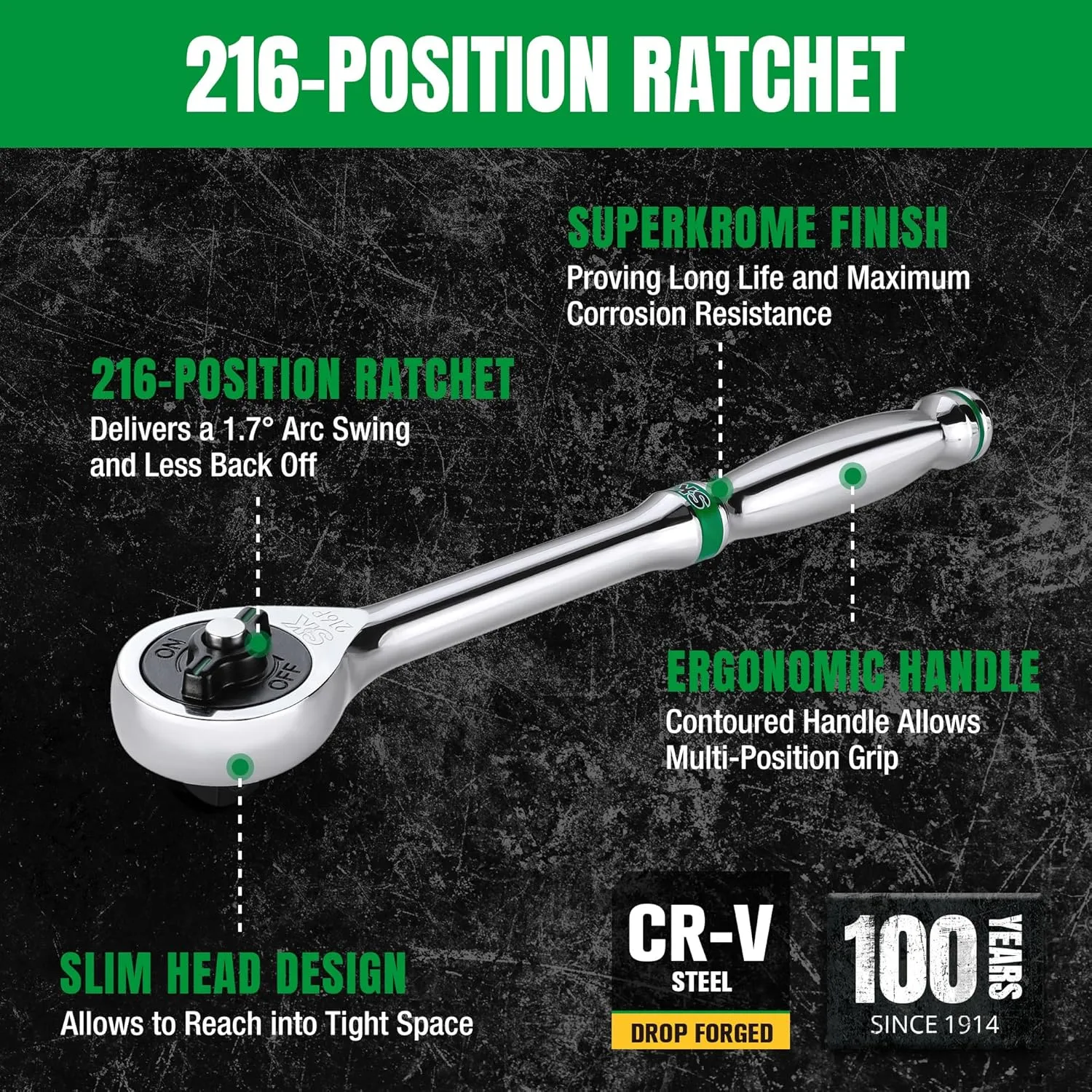 SK 3/8" Drive Ratchet Handle, 216-Position 6 Pawl Ratchet, with Quick-Release Button, Premium CR-V Construction, with Contoured Handle