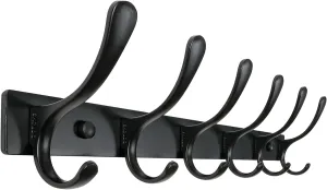 SKOLOO Coat Rack Wall Mounted - 6 Hooks, Heavy Duty, Stainless Steel, Metal Wall Hanger, Sturdy Coat Hooks for Hanging Coats, Jacket, Clothes, Hats - Black
