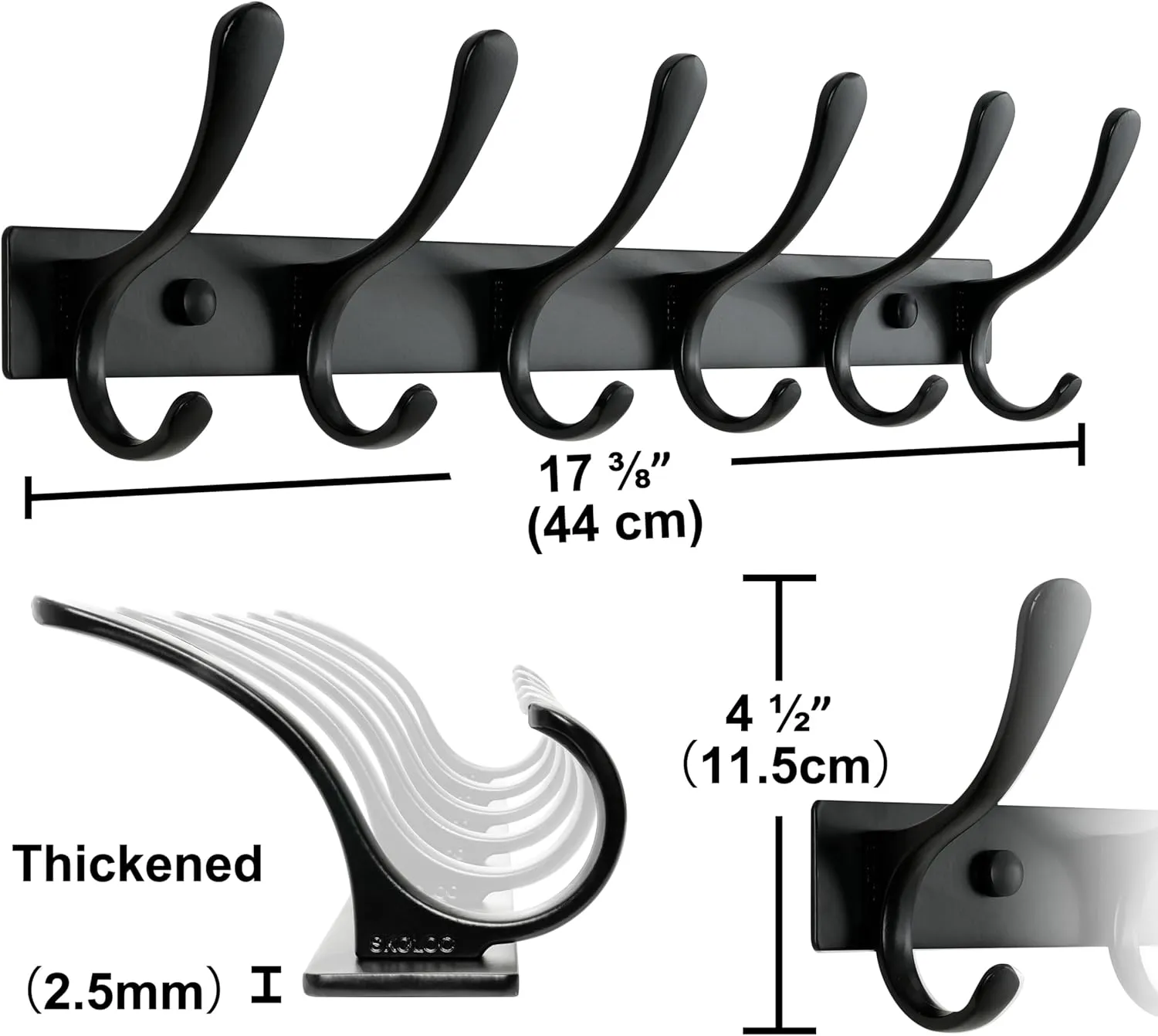 SKOLOO Coat Rack Wall Mounted - 6 Hooks, Heavy Duty, Stainless Steel, Metal Wall Hanger, Sturdy Coat Hooks for Hanging Coats, Jacket, Clothes, Hats - Black