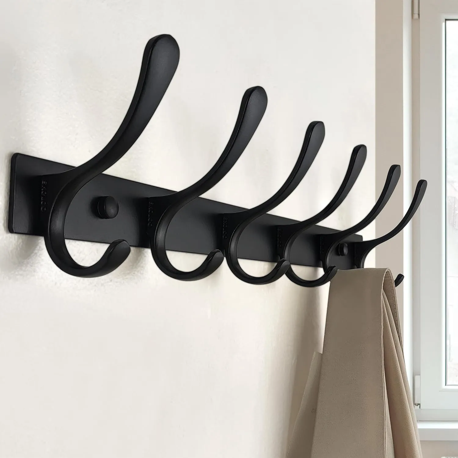SKOLOO Coat Rack Wall Mounted - 6 Hooks, Heavy Duty, Stainless Steel, Metal Wall Hanger, Sturdy Coat Hooks for Hanging Coats, Jacket, Clothes, Hats - Black
