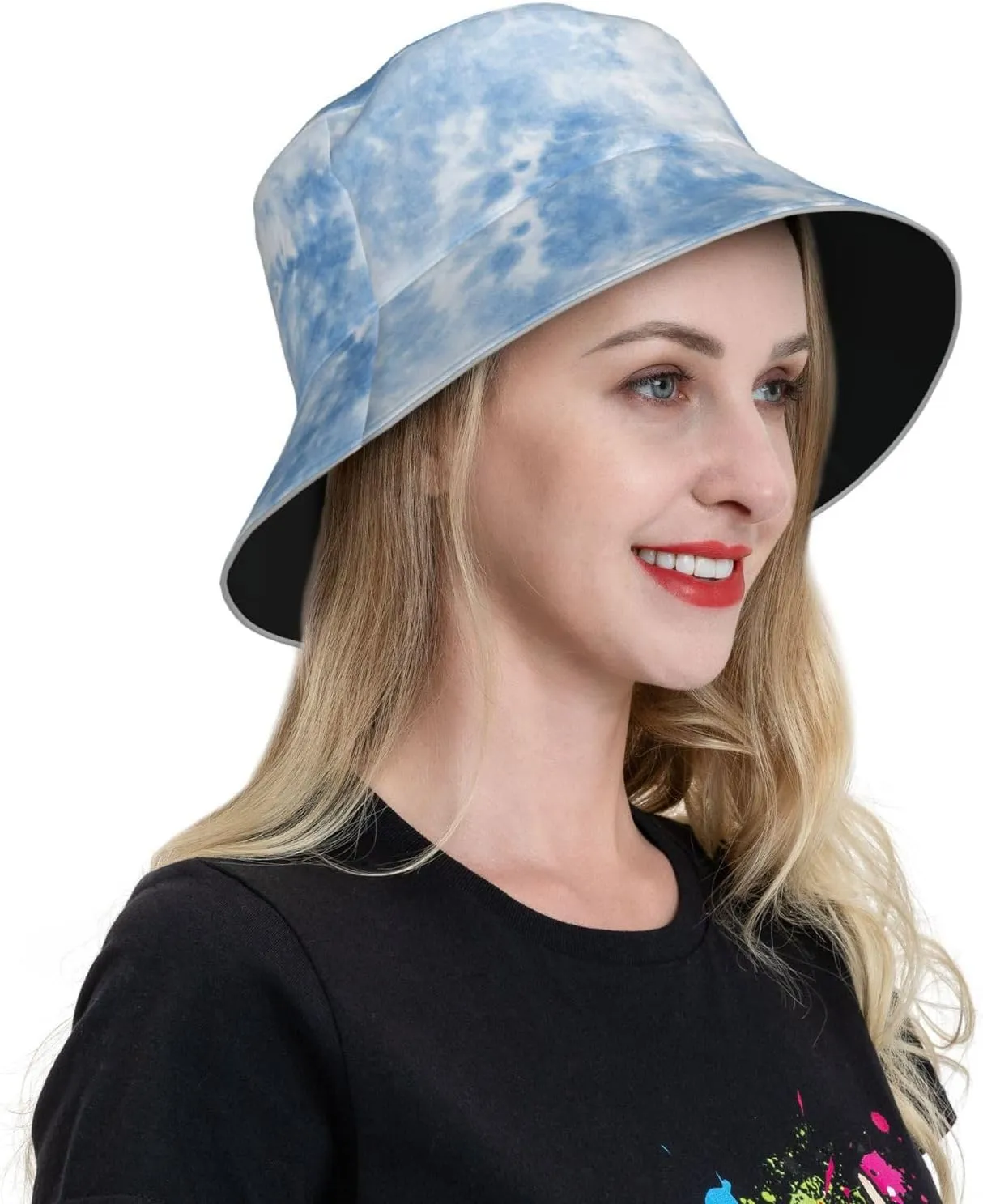 Sky Blue Tie Dye Bucket Hat for Women Men Teens Double-Side-Wear Reversible Summer Beach Sun Hat Packable Fisherman Cap