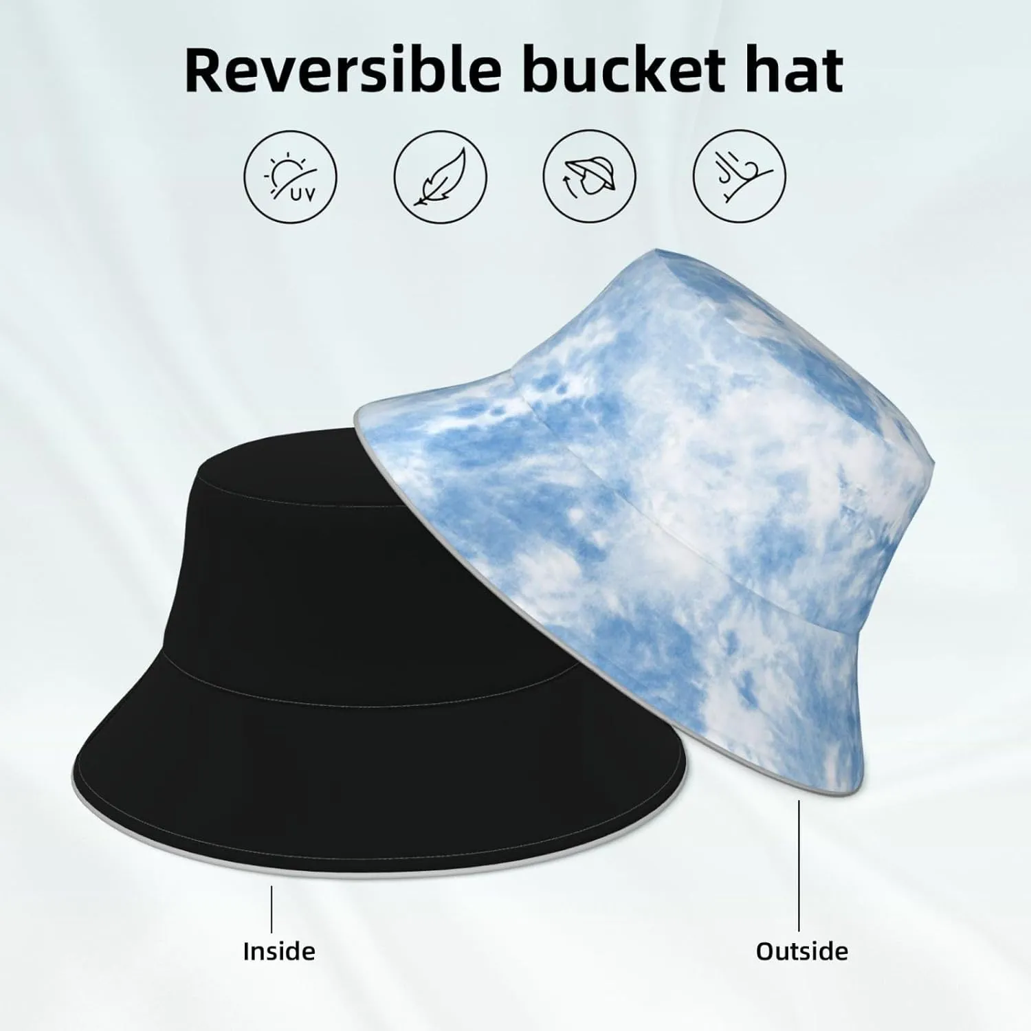 Sky Blue Tie Dye Bucket Hat for Women Men Teens Double-Side-Wear Reversible Summer Beach Sun Hat Packable Fisherman Cap