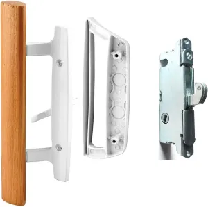 Sliding Glass Door Handle Set Oak Wood Interior Handle and Exterior Pull White Diecast Finish Mortise Lock 45° Keyway Fits 3-15/16” Screw Hole Spacing, Non-keyed with Latch Locks(White)