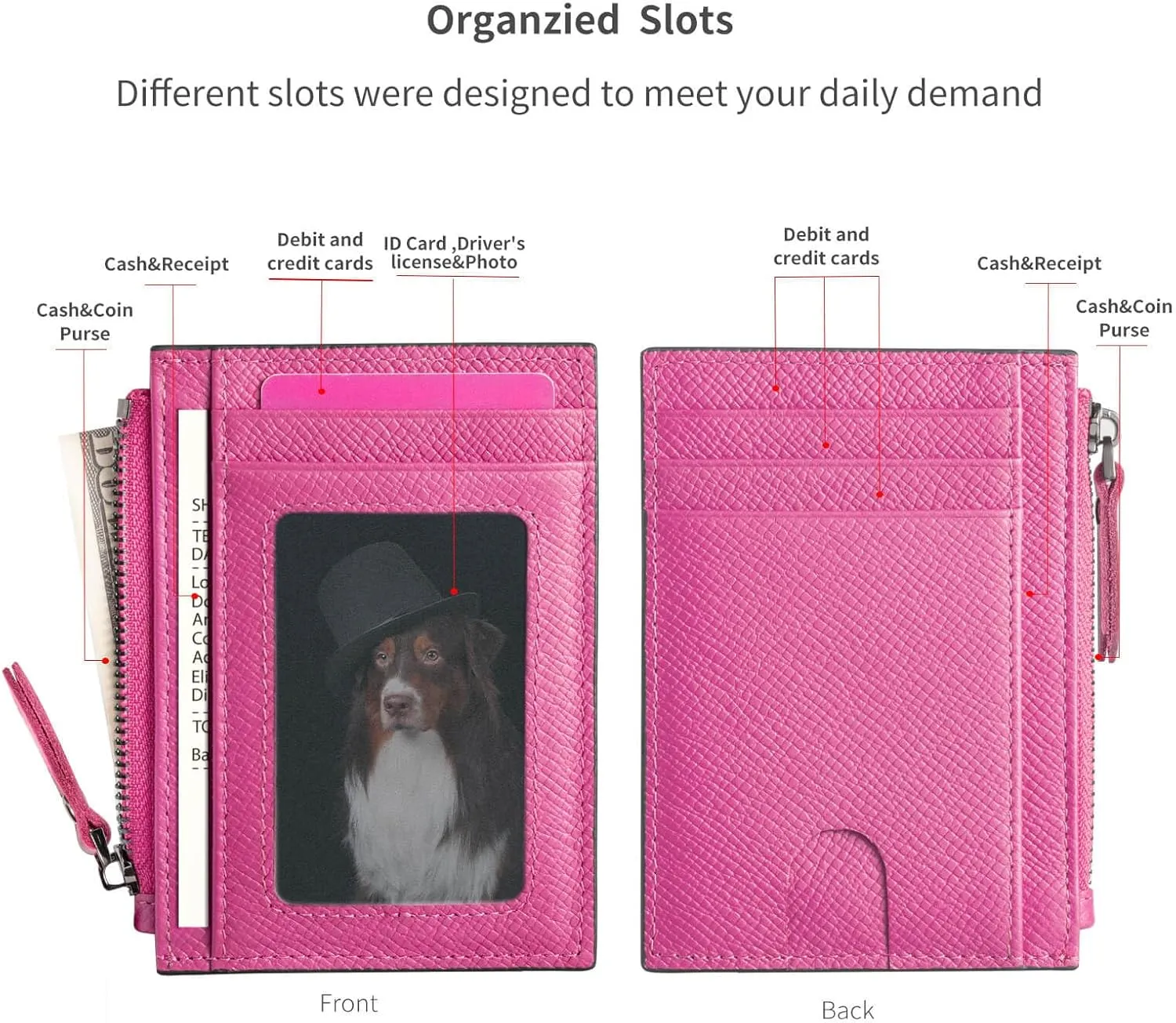 Slim Wallet for Women Small Leather RFID Blocking Credit Card Holder Minimalist Front Pocket Wallet with Coin Purses & Pouches,RoseRed