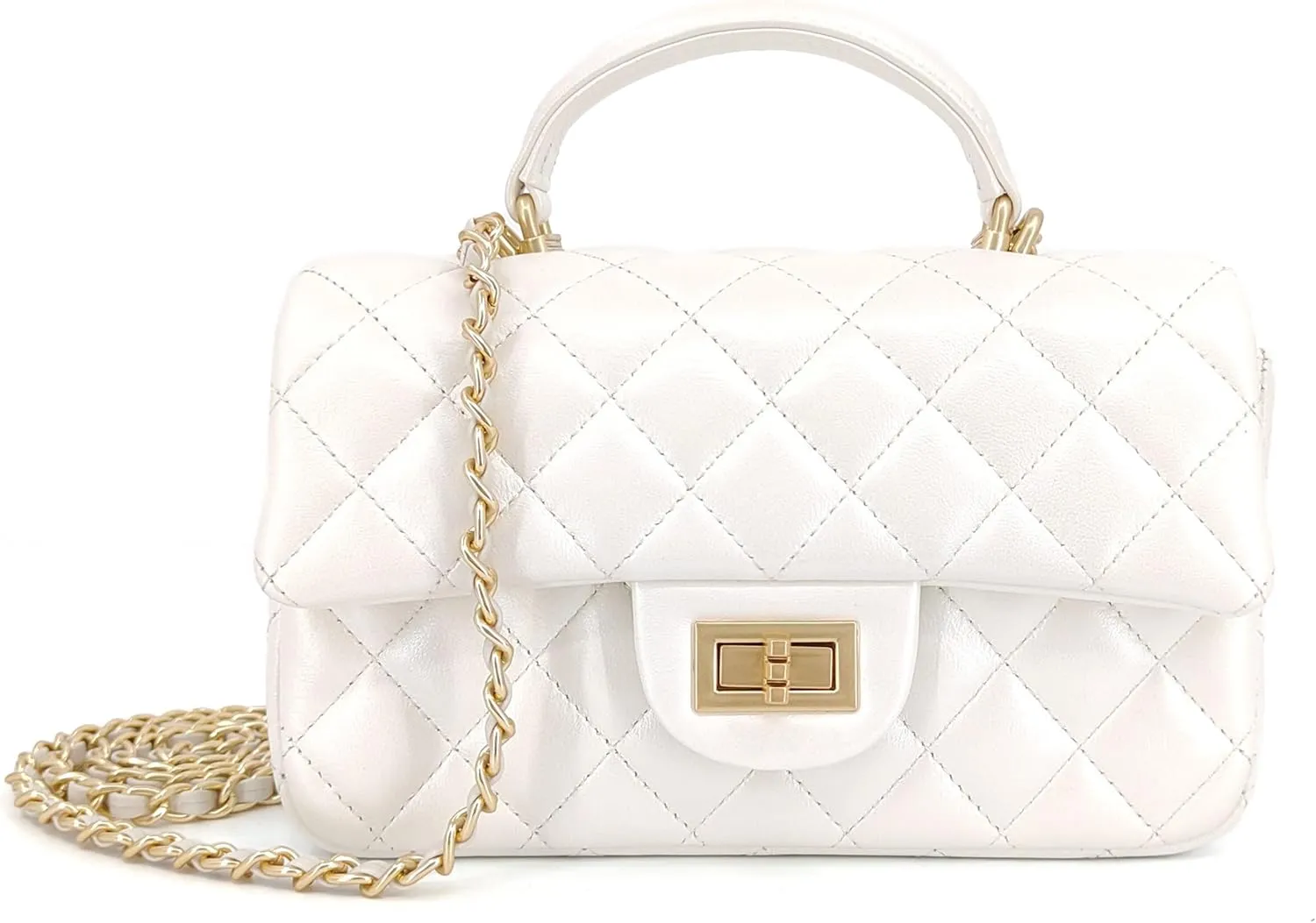 Small Quilted Crossbody Bags for Women, Genuine Leather Shoulder Bag w/Gold Chain Strap, Soft Mini Top Handle Flap Purse