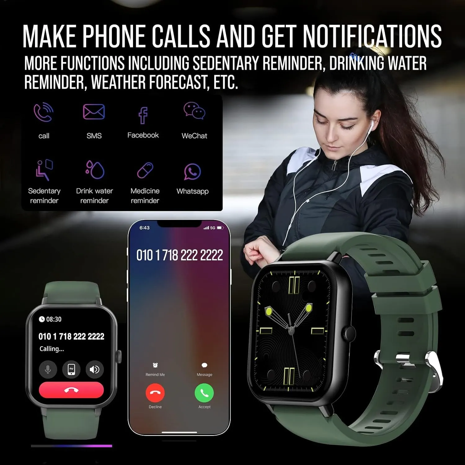 Smart Watch (Answer/Make Calls) 1.83" Fitness Tracker Heart Rate Blood Pressure Oxygen Sleep Monitor 200 Sport Modes Step Calories Trackers IP67 Waterproof Android iPhone Women Men (Green)