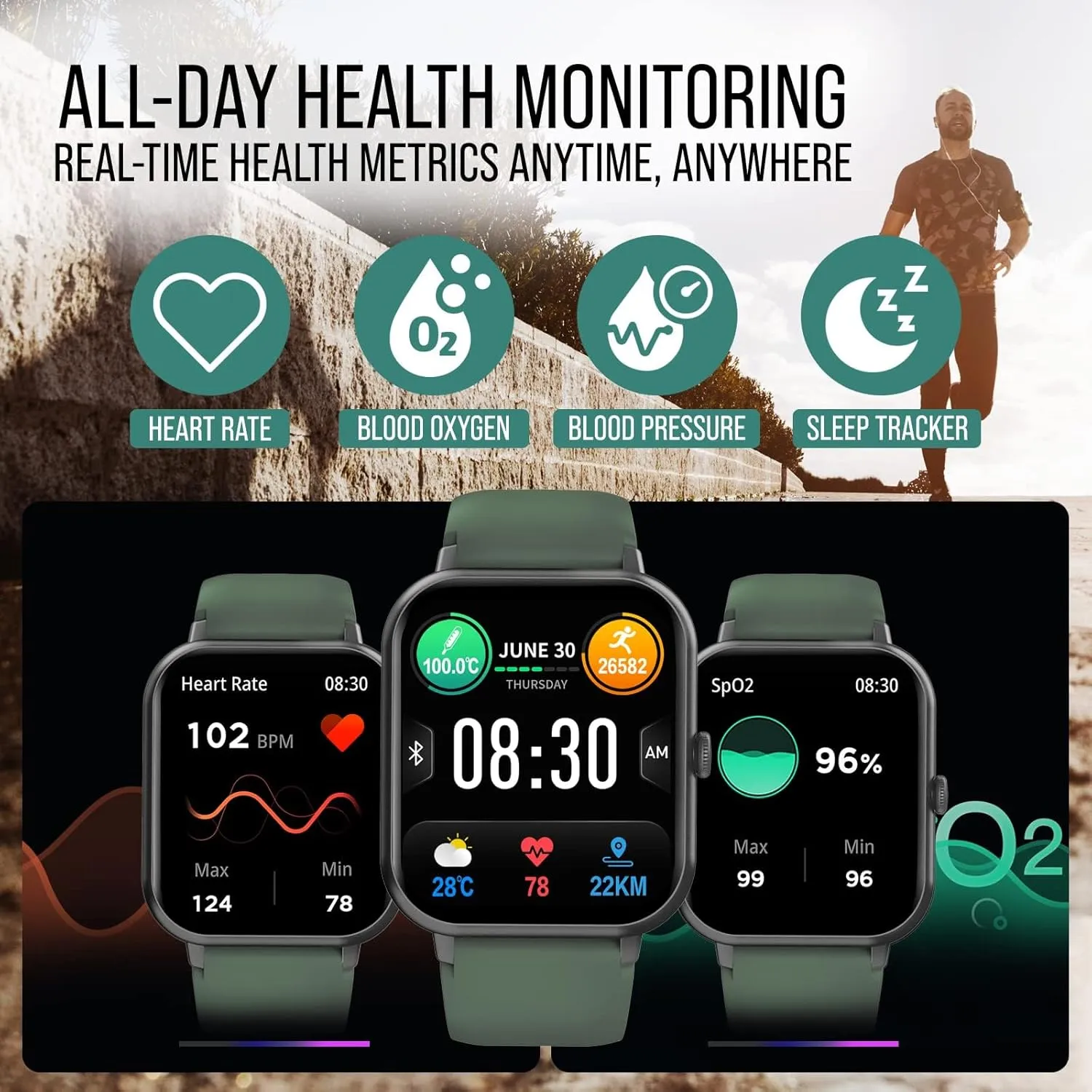 Smart Watch (Answer/Make Calls) 1.83" Fitness Tracker Heart Rate Blood Pressure Oxygen Sleep Monitor 200 Sport Modes Step Calories Trackers IP67 Waterproof Android iPhone Women Men (Green)