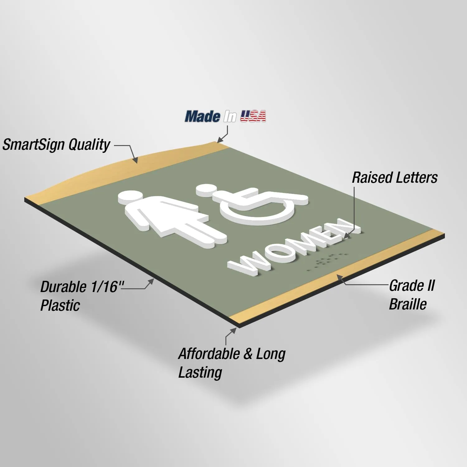 SmartSign Premium Designer Men Women Bathroom Sign Kit with Handicap Symbol, 9.375"x7", Dual 1/16" Plastic Layers, Grade II Braille, Foam Adhesive Strip, White/Tanglewood, Gold Colored Frame, USA-Made