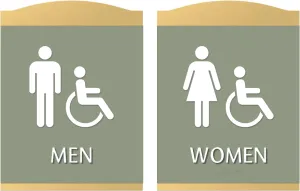 SmartSign Premium Designer Men Women Bathroom Sign Kit with Handicap Symbol, 9.375"x7", Dual 1/16" Plastic Layers, Grade II Braille, Foam Adhesive Strip, White/Tanglewood, Gold Colored Frame, USA-Made