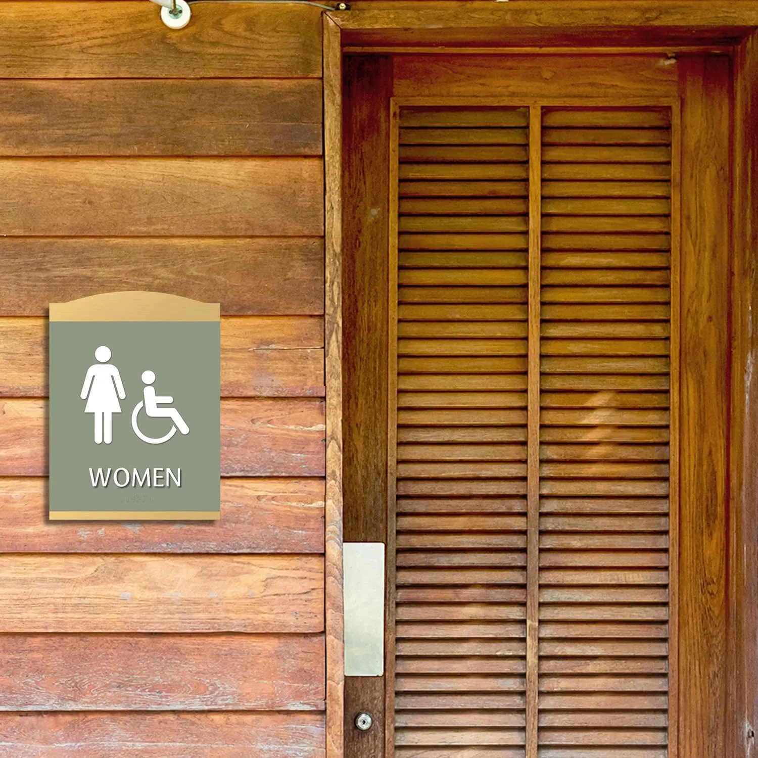 SmartSign Premium Designer Men Women Bathroom Sign Kit with Handicap Symbol, 9.375"x7", Dual 1/16" Plastic Layers, Grade II Braille, Foam Adhesive Strip, White/Tanglewood, Gold Colored Frame, USA-Made