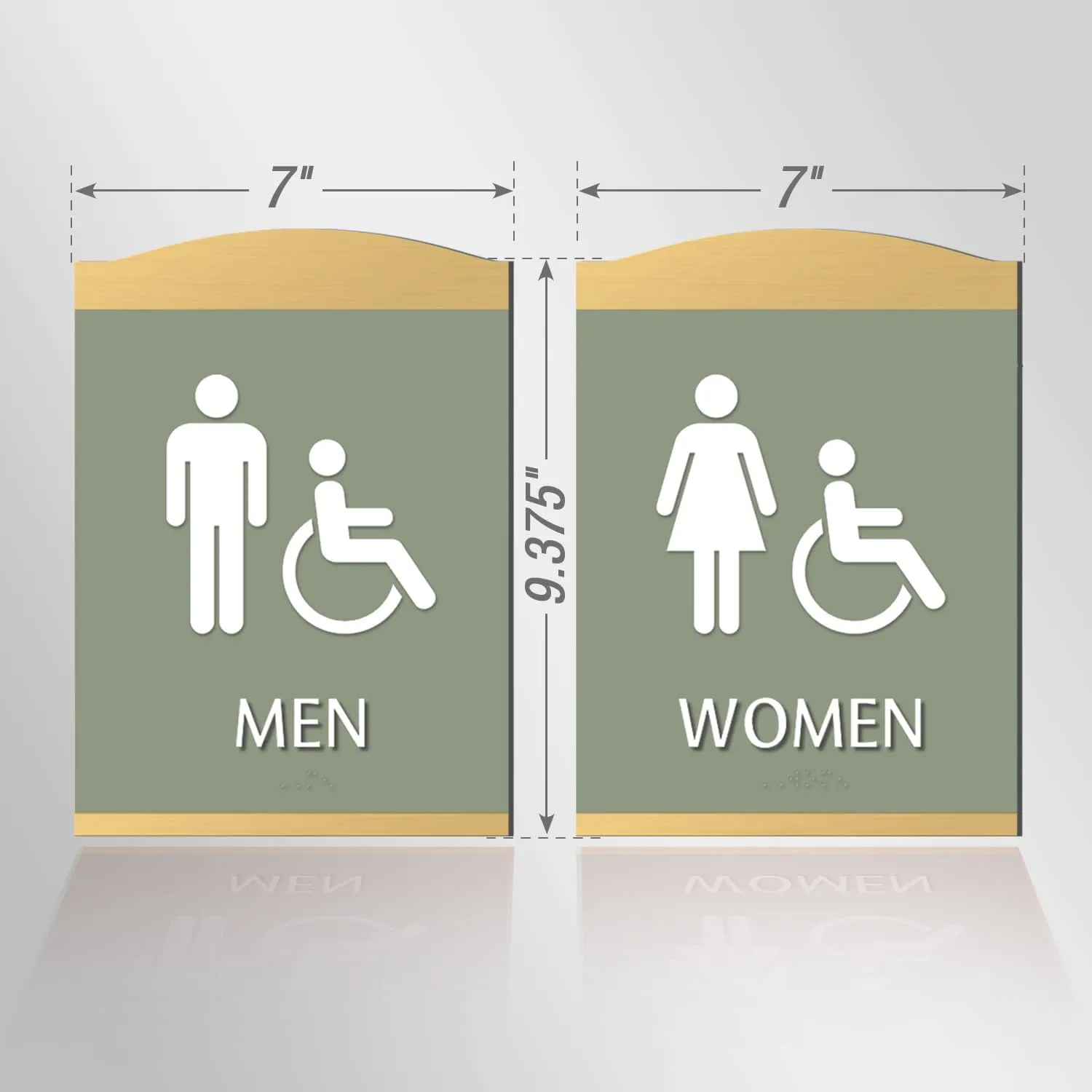 SmartSign Premium Designer Men Women Bathroom Sign Kit with Handicap Symbol, 9.375"x7", Dual 1/16" Plastic Layers, Grade II Braille, Foam Adhesive Strip, White/Tanglewood, Gold Colored Frame, USA-Made