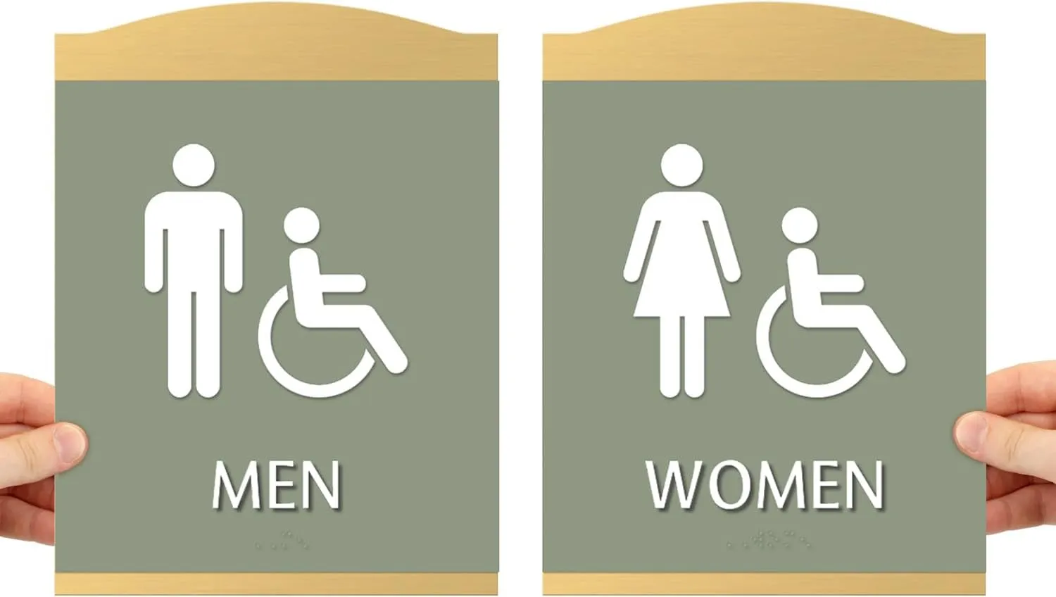 SmartSign Premium Designer Men Women Bathroom Sign Kit with Handicap Symbol, 9.375"x7", Dual 1/16" Plastic Layers, Grade II Braille, Foam Adhesive Strip, White/Tanglewood, Gold Colored Frame, USA-Made