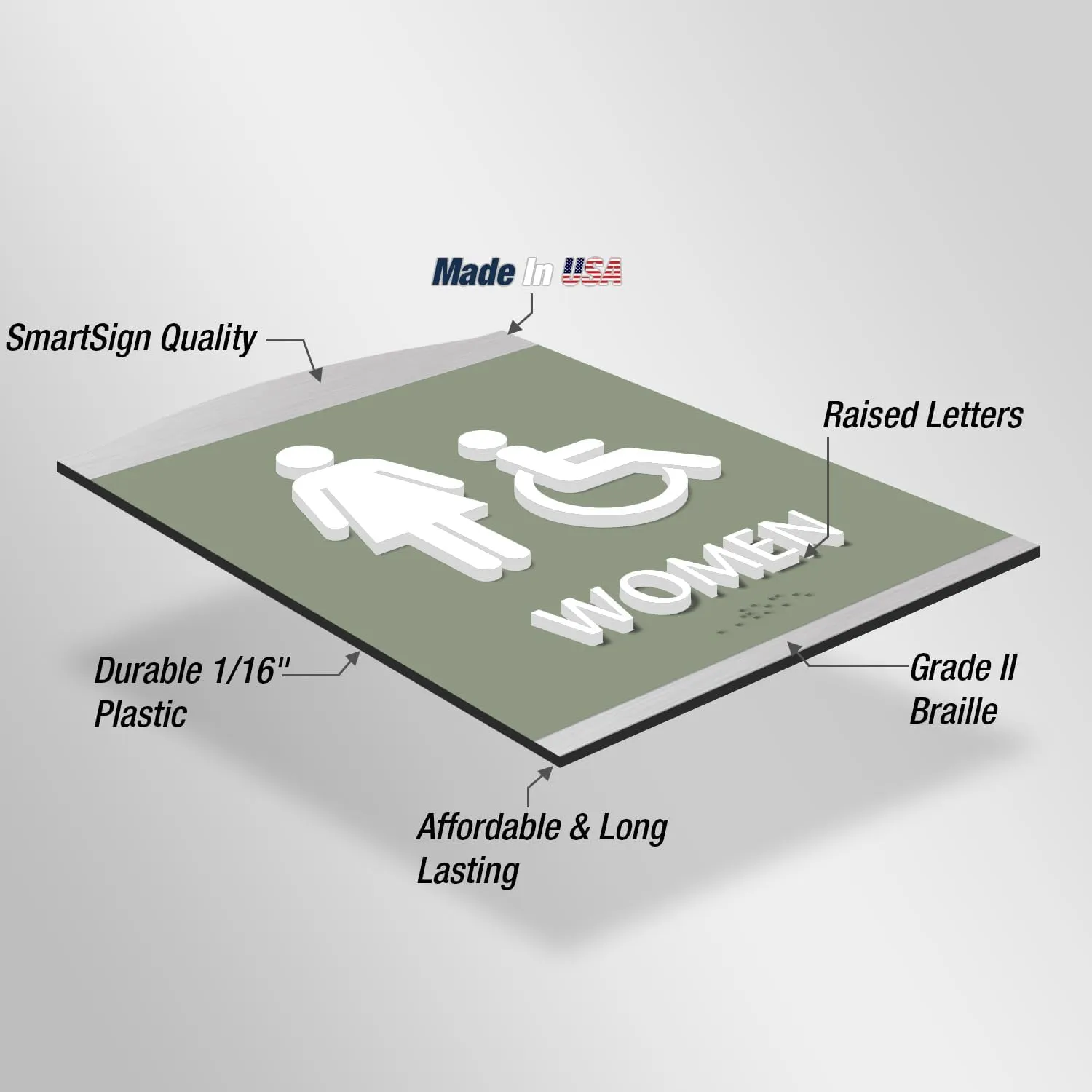 SmartSign Premium Designer Men Women Bathroom Sign Kit with Handicap Symbol, 9.375"x7", Dual 1/16" Plastic Layers, Grade II Braille, Foam Adhesive Strip, White/Tanglewood, Silver Color Frame, USA-Made