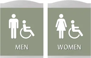 SmartSign Premium Designer Men Women Bathroom Sign Kit with Handicap Symbol, 9.375"x7", Dual 1/16" Plastic Layers, Grade II Braille, Foam Adhesive Strip, White/Tanglewood, Silver Color Frame, USA-Made