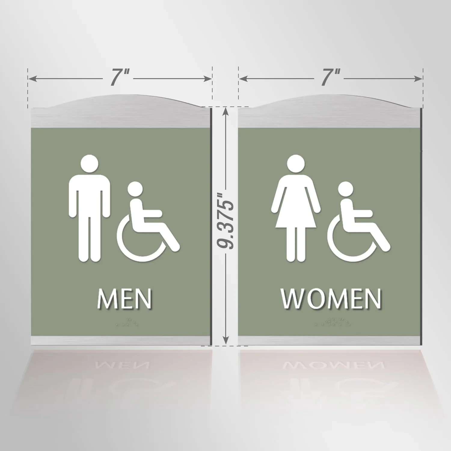 SmartSign Premium Designer Men Women Bathroom Sign Kit with Handicap Symbol, 9.375"x7", Dual 1/16" Plastic Layers, Grade II Braille, Foam Adhesive Strip, White/Tanglewood, Silver Color Frame, USA-Made