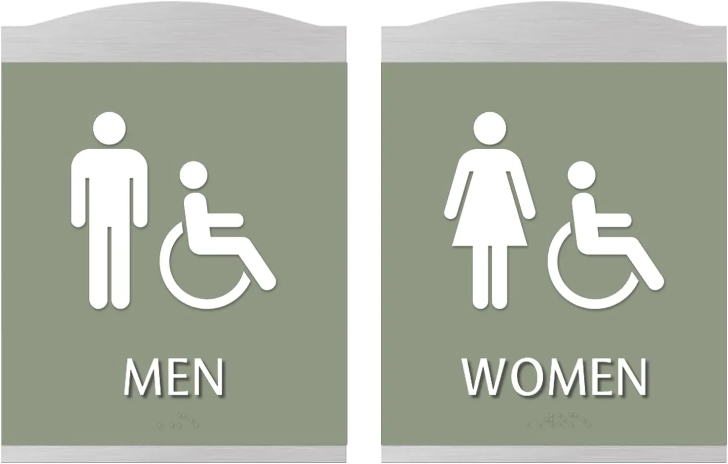SmartSign Premium Designer Men Women Bathroom Sign Kit with Handicap Symbol, 9.375"x7", Dual 1/16" Plastic Layers, Grade II Braille, Foam Adhesive Strip, White/Tanglewood, Silver Color Frame, USA-Made