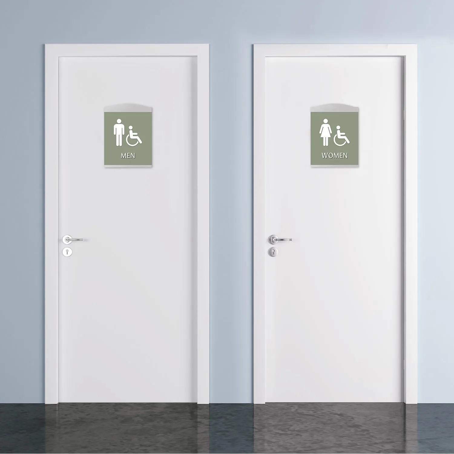 SmartSign Premium Designer Men Women Bathroom Sign Kit with Handicap Symbol, 9.375"x7", Dual 1/16" Plastic Layers, Grade II Braille, Foam Adhesive Strip, White/Tanglewood, Silver Color Frame, USA-Made