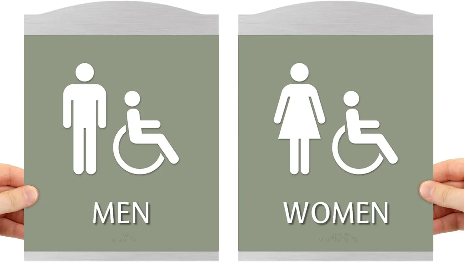 SmartSign Premium Designer Men Women Bathroom Sign Kit with Handicap Symbol, 9.375"x7", Dual 1/16" Plastic Layers, Grade II Braille, Foam Adhesive Strip, White/Tanglewood, Silver Color Frame, USA-Made