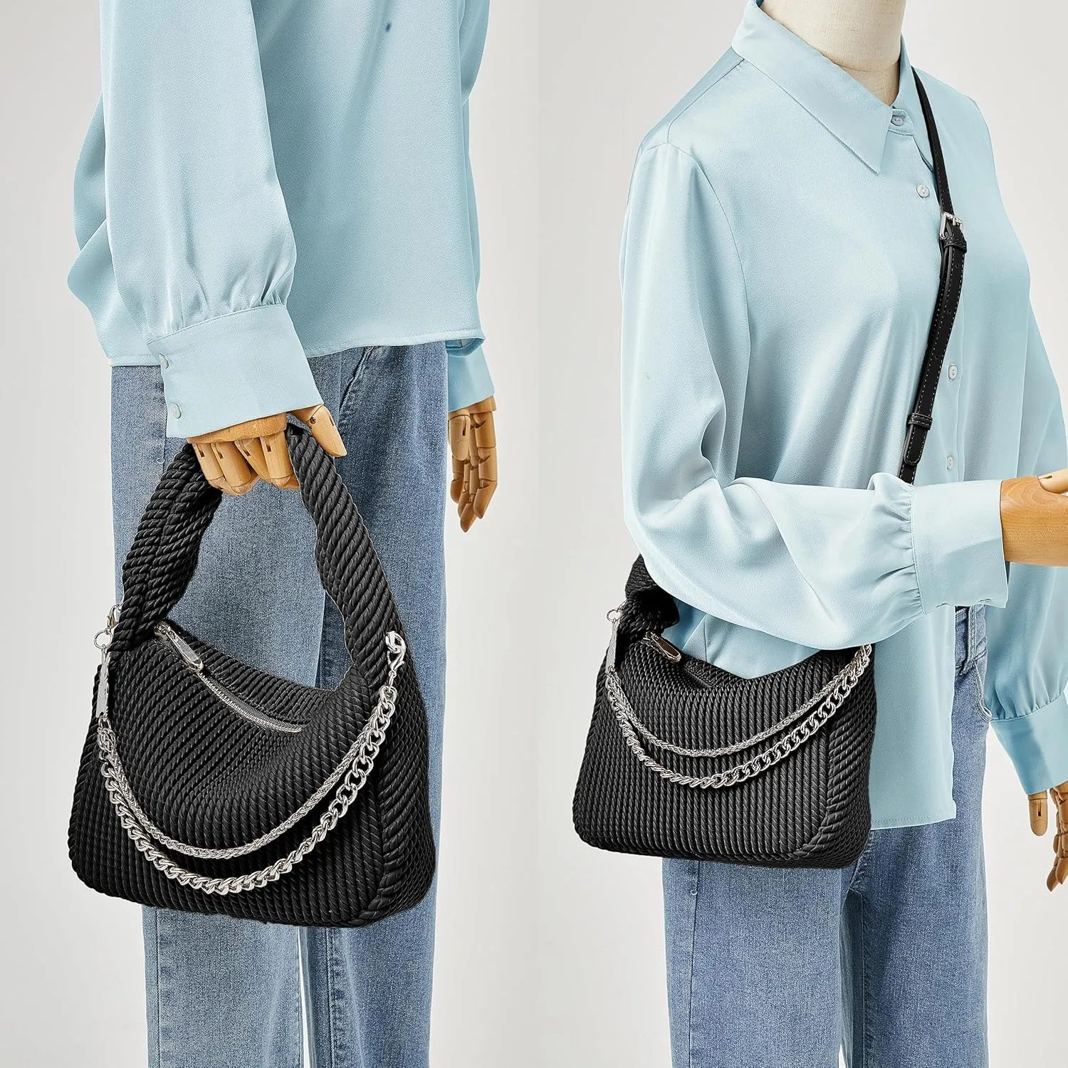 Soft Top Handle Clutch Purse for Women Designer Pleated Hobo Tote Bag with Metal Chain and Adjustable Leather Strap