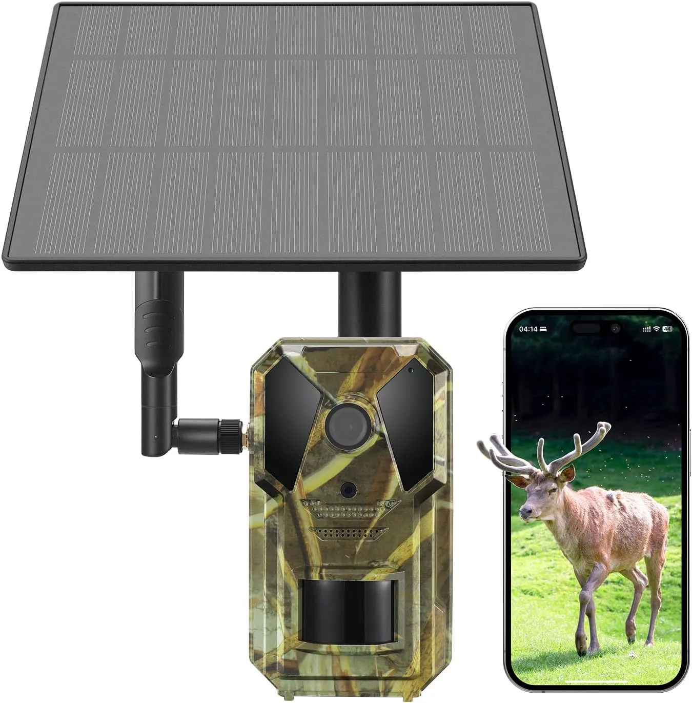 Solar Trail Camera, 4G Cellular Hunting Camera, 2K Video, Motion Activated 0.2s Trigger, Night Vision Game Cam, Built-in eSIM, IP65 Waterproof for Outdoor Wildlife Monitoring (2K Live)