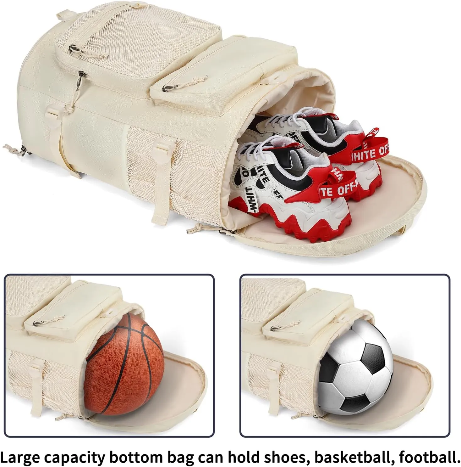 Solid color gym duffel bag backpack, wrestling bag,with shoe compartment, 4 kinds of back method waterproof travel sports walking laptop Lightweight（B-Sea Salt White）