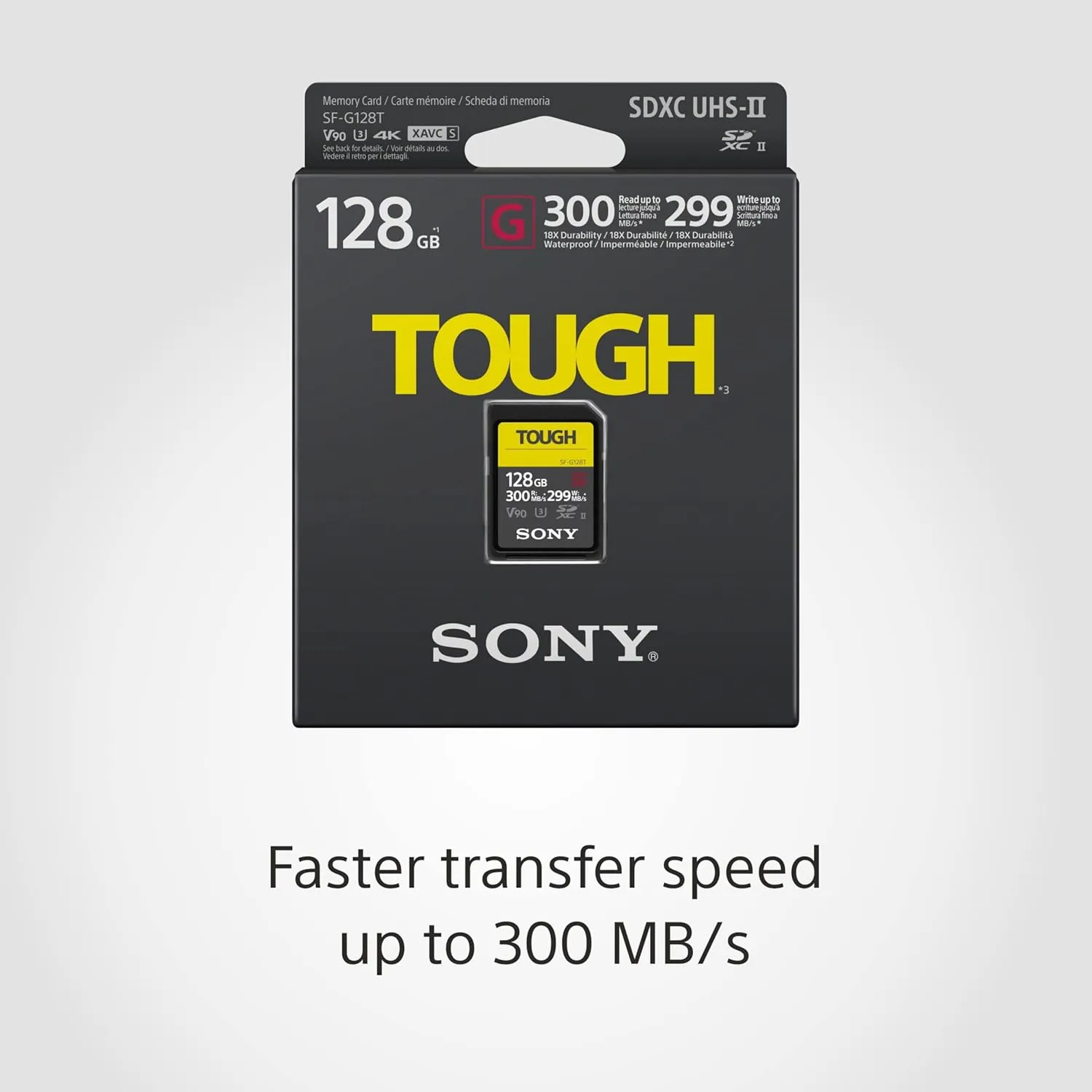Sony TOUGH-G series SDXC UHS-II Card 128GB, V90, CL10, U3, Max R300MB/S, W299MB/S (SF-G128T/T1)