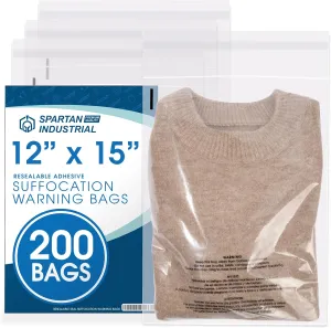 Spartan Industrial - 12” X 15” (200 Count) Self Seal Clear Poly Bags with Suffocation Warning for Packaging, T Shirts & Shipping - Resealable Glue