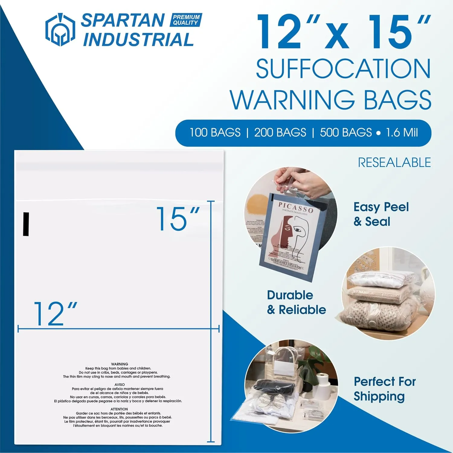 Spartan Industrial - 12” X 15” (200 Count) Self Seal Clear Poly Bags with Suffocation Warning for Packaging, T Shirts & Shipping - Resealable Glue