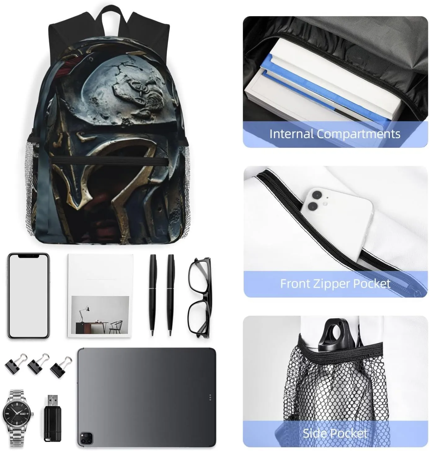 Spartan Warrior Helmet Fashion Backpack,Casual Daypack Backpacks For Men Women, Laptop Bag Travel Hiking Camping