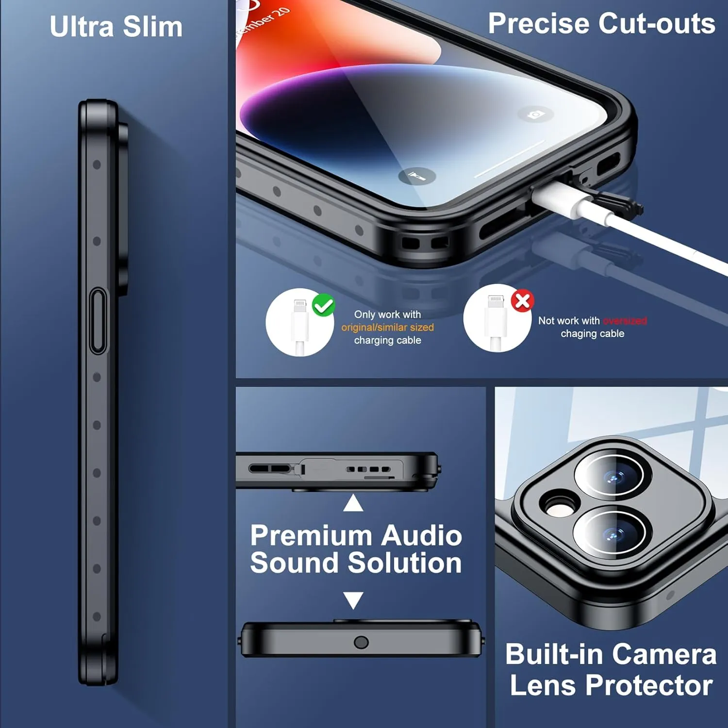 SPIDERCASE for iPhone 14 Case Waterproof, Built-in Lens & Screen Protector, Full Heavy Duty Protection, 12FT Military Shockproof, Dustproof, Anti-Scratched Phone Case,Black/Clear